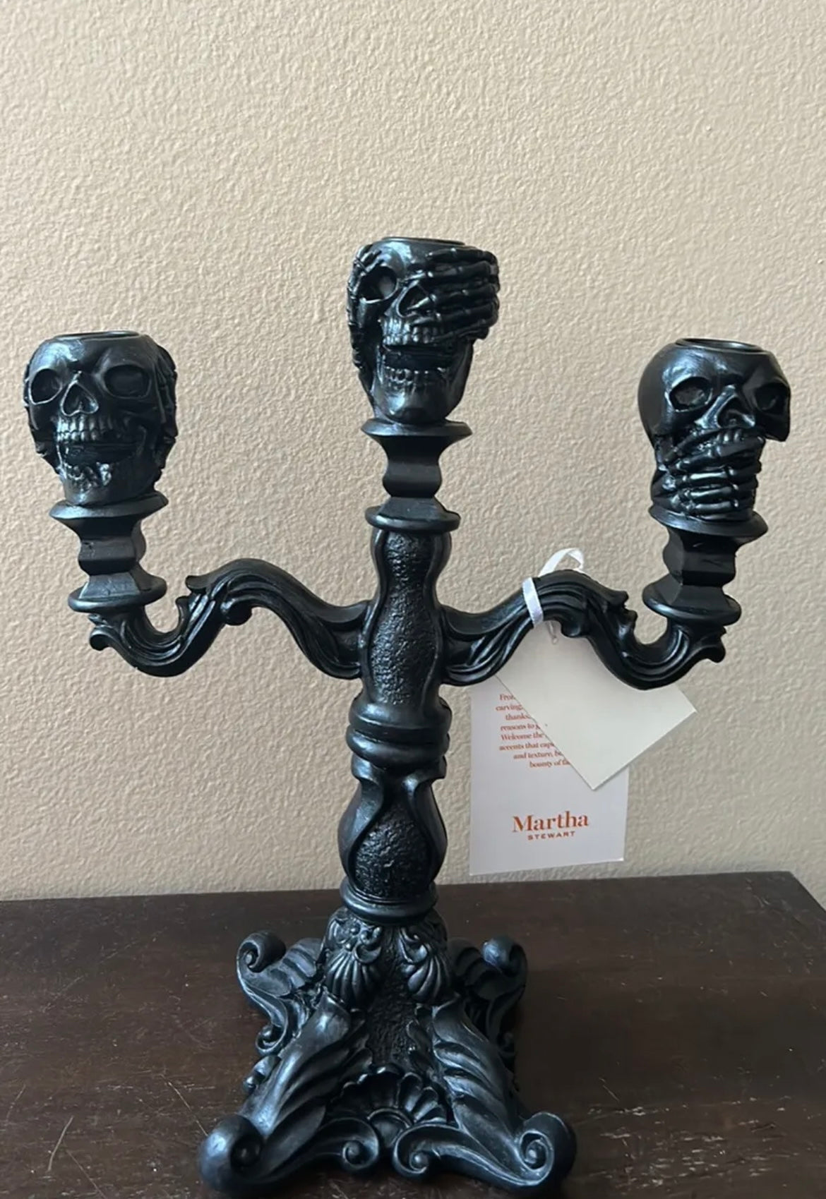 Martha Stewart BLACK Halloween Skull Gothic Candelabra NWT 11.5” Tall