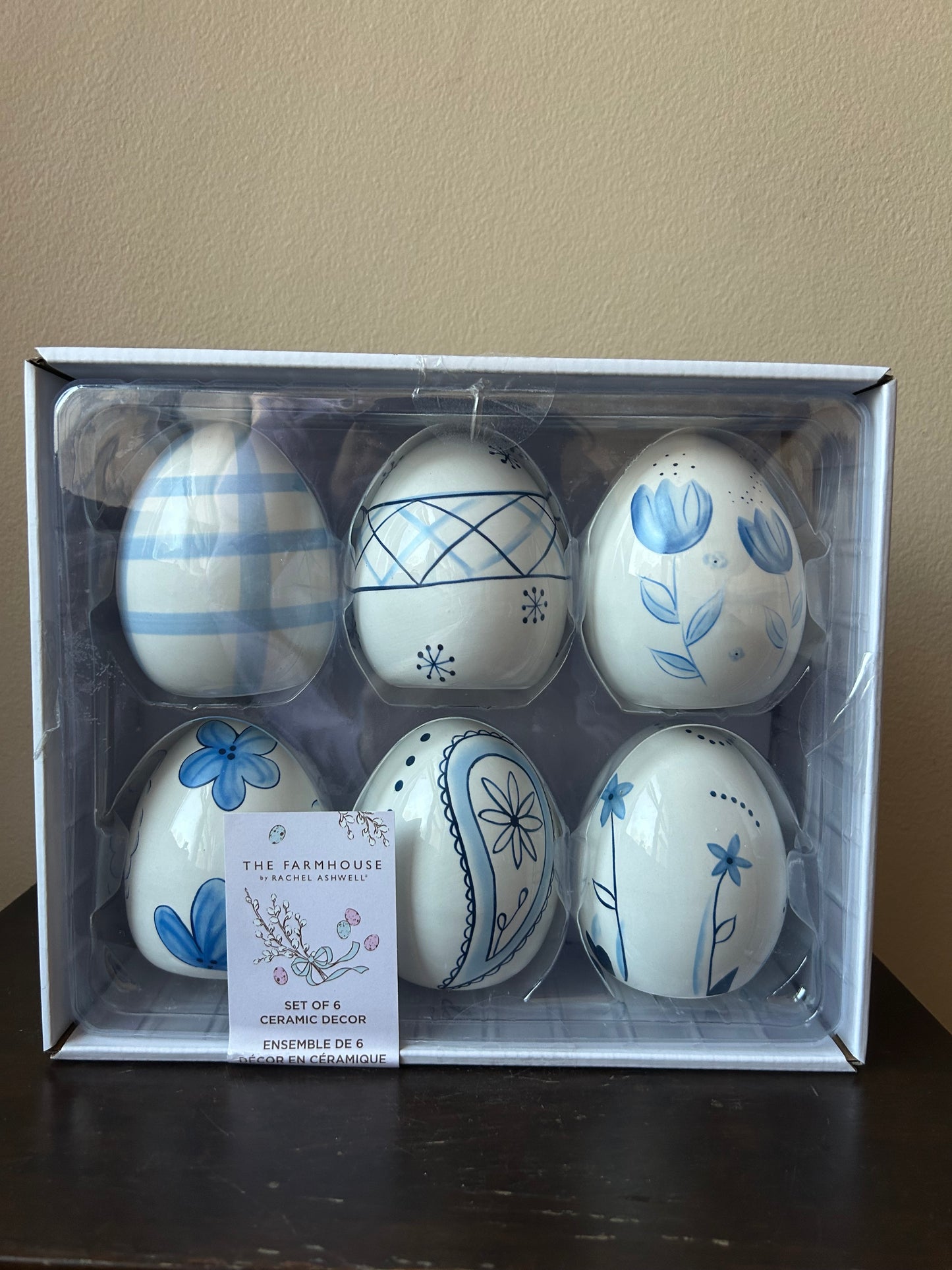 Rachel Ashwell Easter Eggs Set Of 6 Blue Floral Butterflies New Ceramic