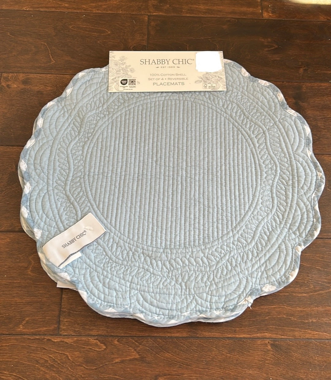 Shabby Chic 4 Scalloped Gingham Reversible Plaid Blue Quilted Placemats New