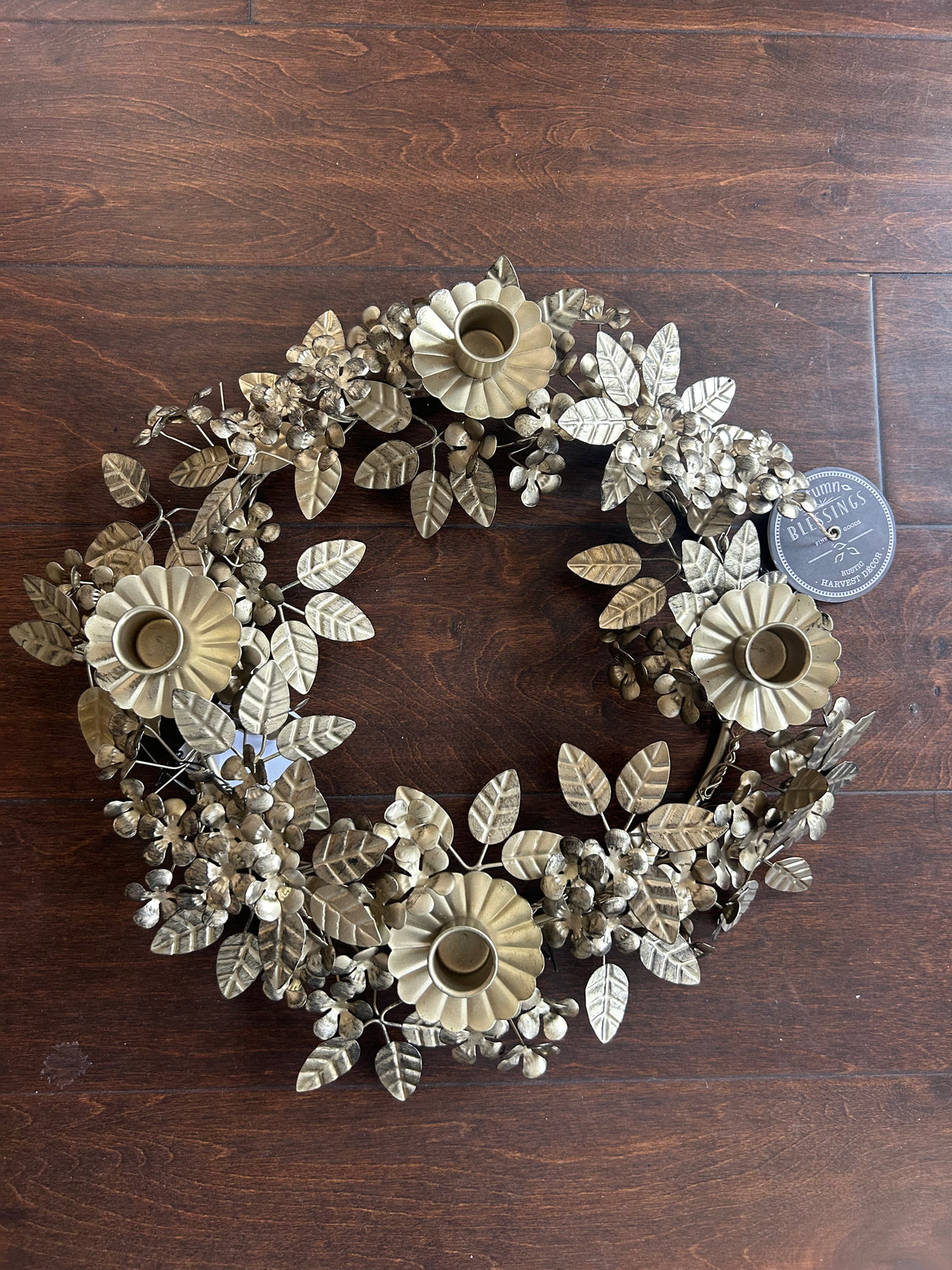 Gold Metal Floral Wreath Candelabra Tabletop Centerpiece Candle Holder New