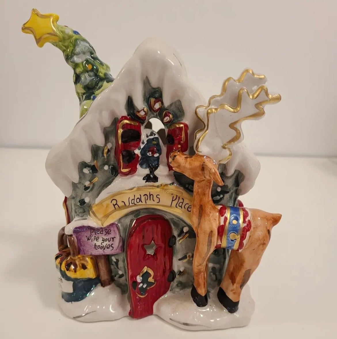 Blue Sky “Rudolph’s Place” Christmas Candle Tea Light Holder House New