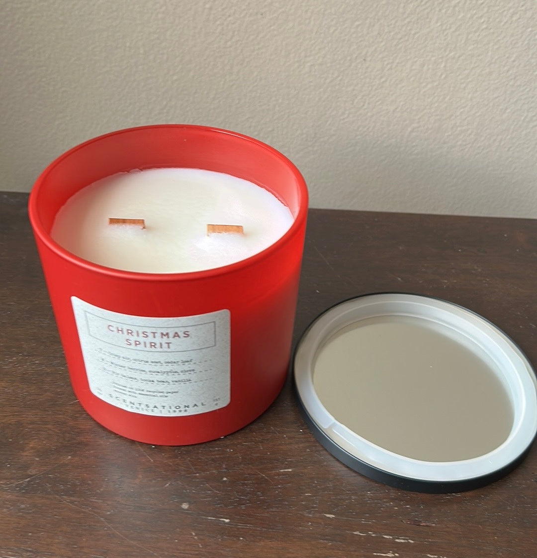 Scentsational Christmas Spirit Candle Woodwick Red Glass Jar 26 Oz