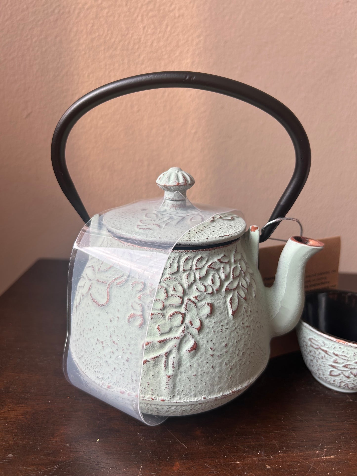 Japanese Cast Iron Teapot Set Green With Stainless Steel Infuse And 2 Cups New