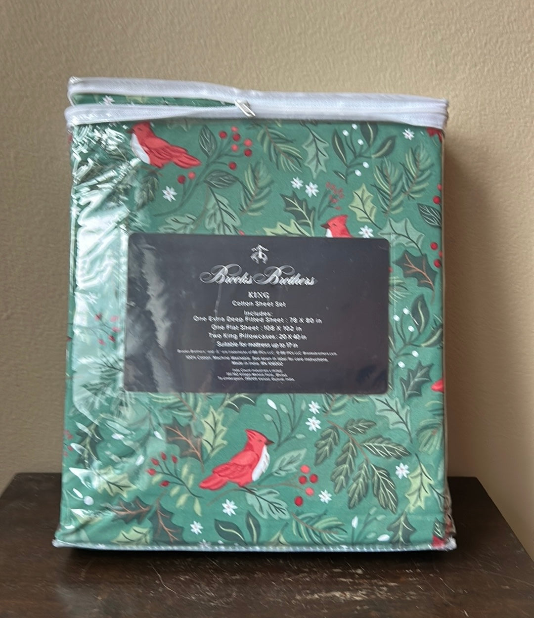 New Brooks Brothers King Sheet Set Christmas Red Cardinal Cotton