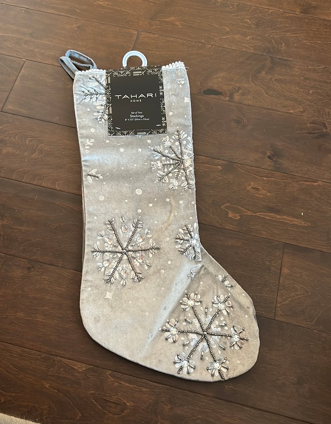 2 Tahari Embroidered Stocking Christmas Beaded Gray Silver Snowflake