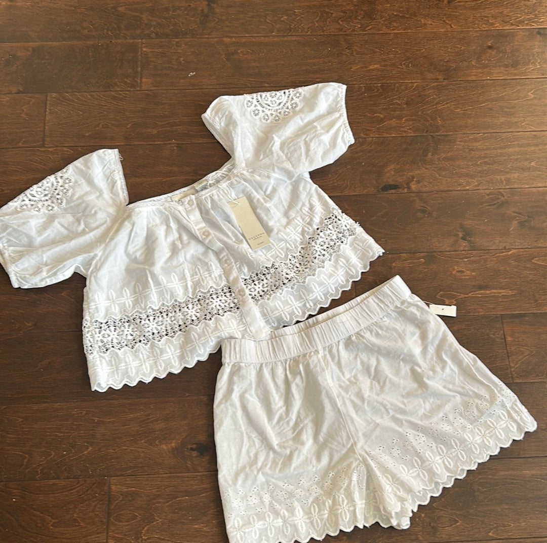 Calypso Womens White Pajama Set Shorts Top New Lace Detail Cotton