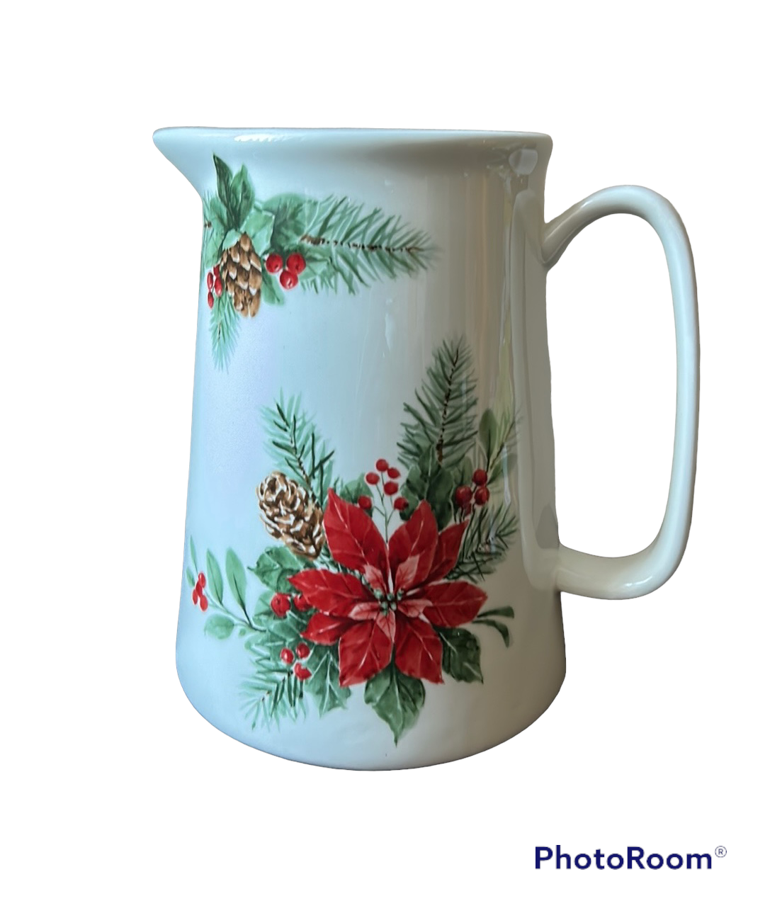 Maxcera Ceramic Pitcher Christmas Poinsettia Holly Berries Pinecone New