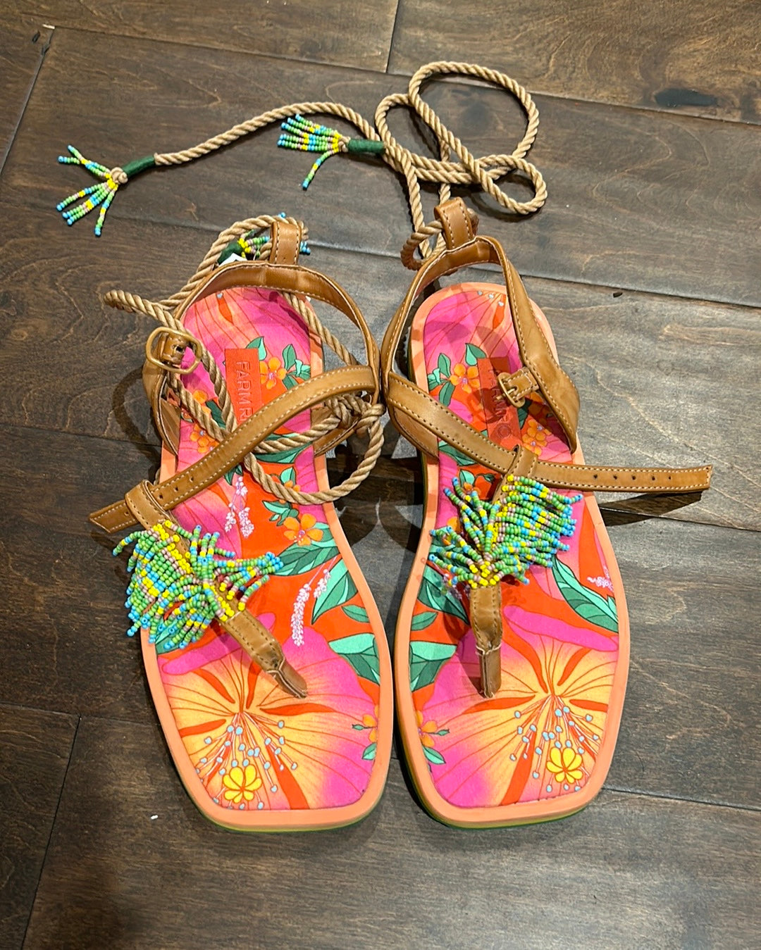 New Farm Rio Floral Pietra Black Banana Beaded Flat Sandals US 7 EUR 38 $260