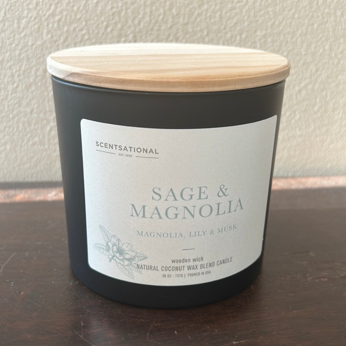 Scentsational Sage & Magnolia Candle Large Glass Jar 26oz Soy Blend Wood Wick