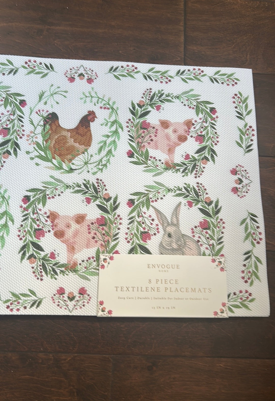 Envogue Set Of 8 Vinyl Placemats New Farmhouse Easter Bunny Pig Duck Hen