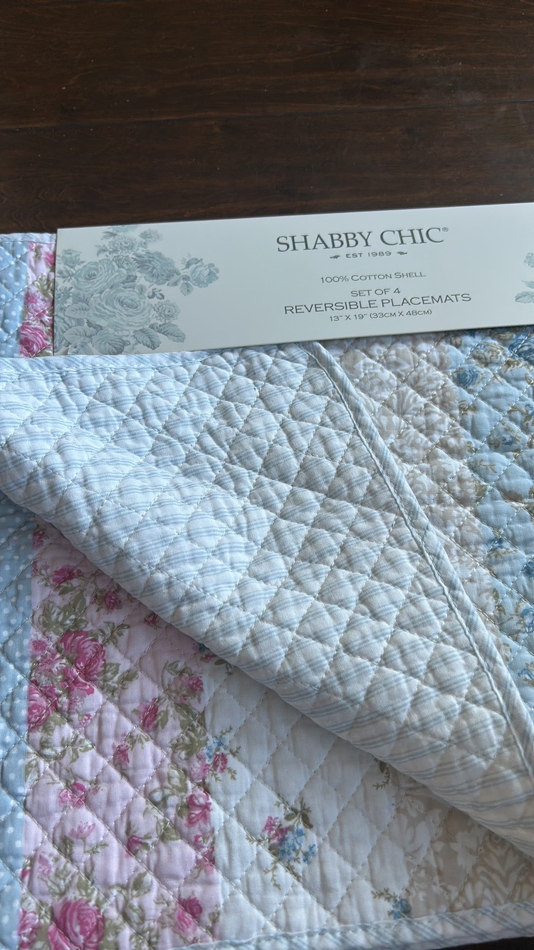 Shabby Chic 4 Scalloped Edged Quilted Placemats New Floral Roses Striped