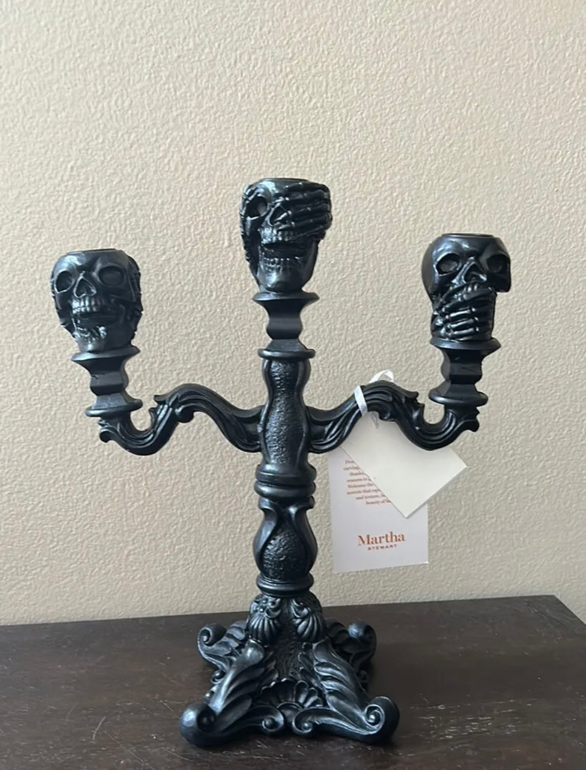 Martha Stewart BLACK Halloween Skull Gothic Candelabra NWT 11.5” Tall