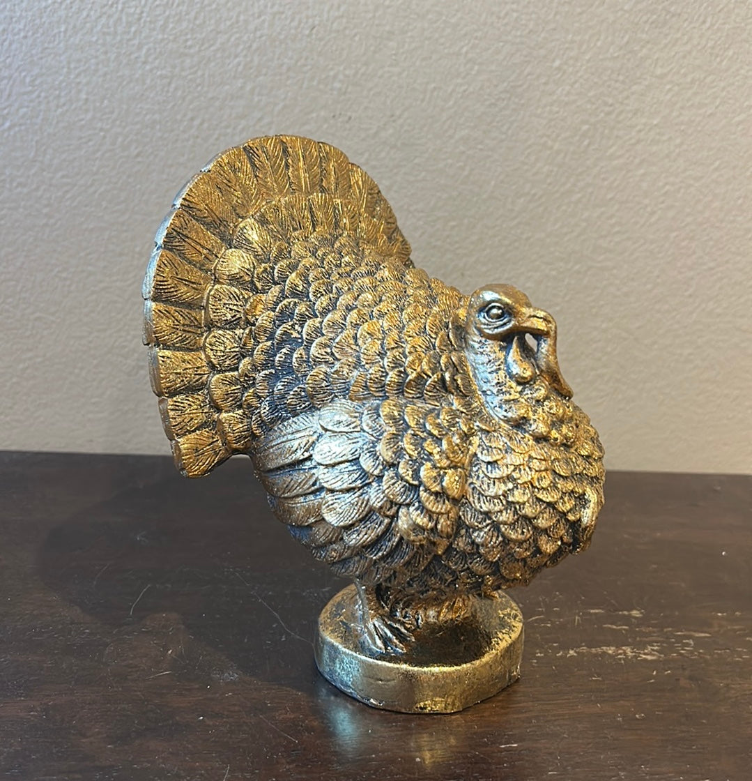 Cute Ceramic Turkey Thanksgiving Fall Figurine New 6” Tall Shimmery Gold
