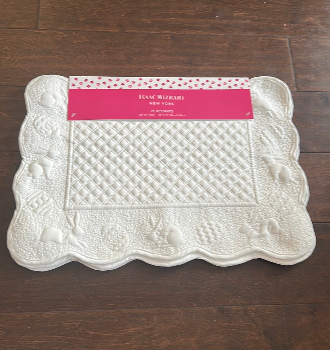 Isaac Mizrahi 4 Scalloped Edged Quilted Placemats New White Bunny Easter Eggs