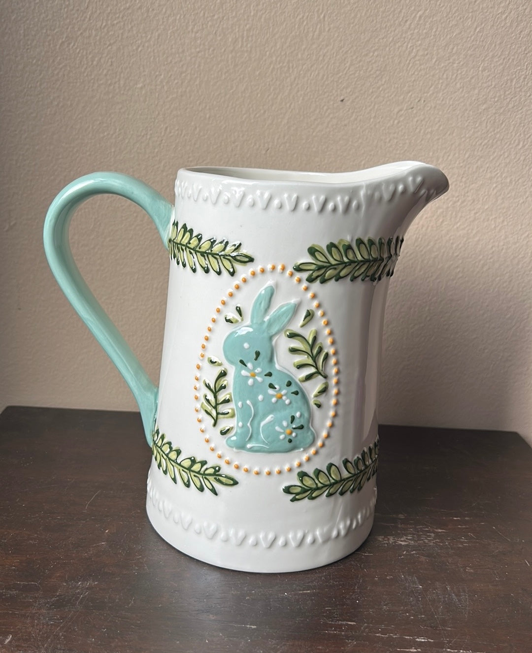 Potters Studio Pitcher Easter Sprung Floral Bunny Rabbit Ceramic New 8.5” Tall
