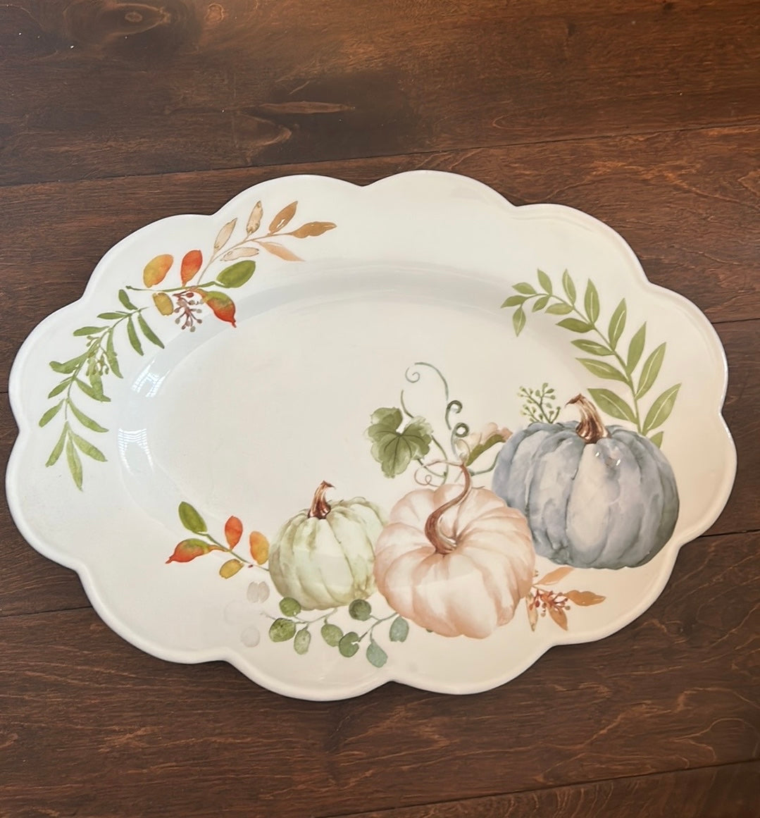 Potter's Studio Fall BLUE HARVEST Pumpkins Ceramic Serving Platter New Scalloped