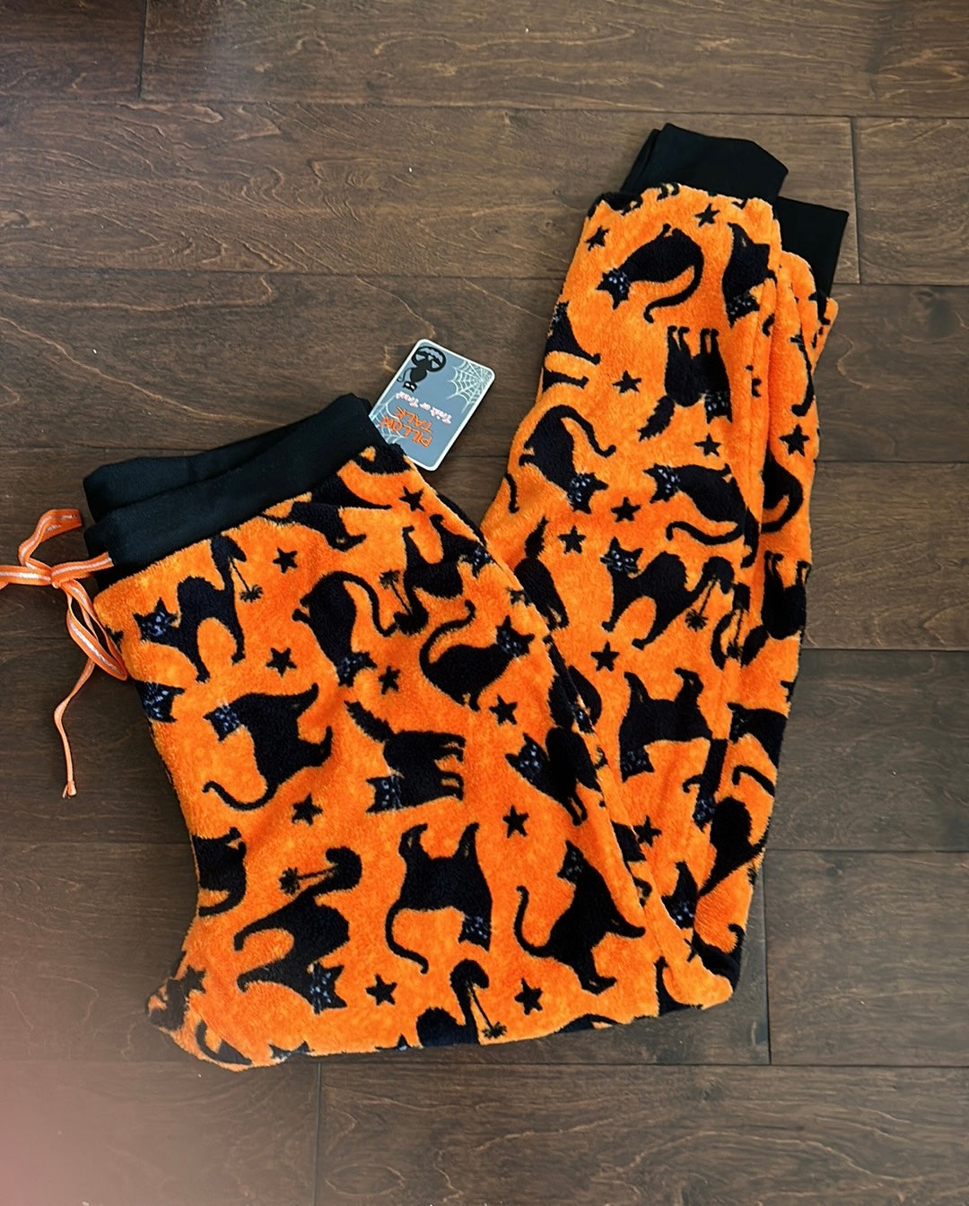 Pillow Talk womens Halloween Black Cat Print Plush Pajama Pants New Orange