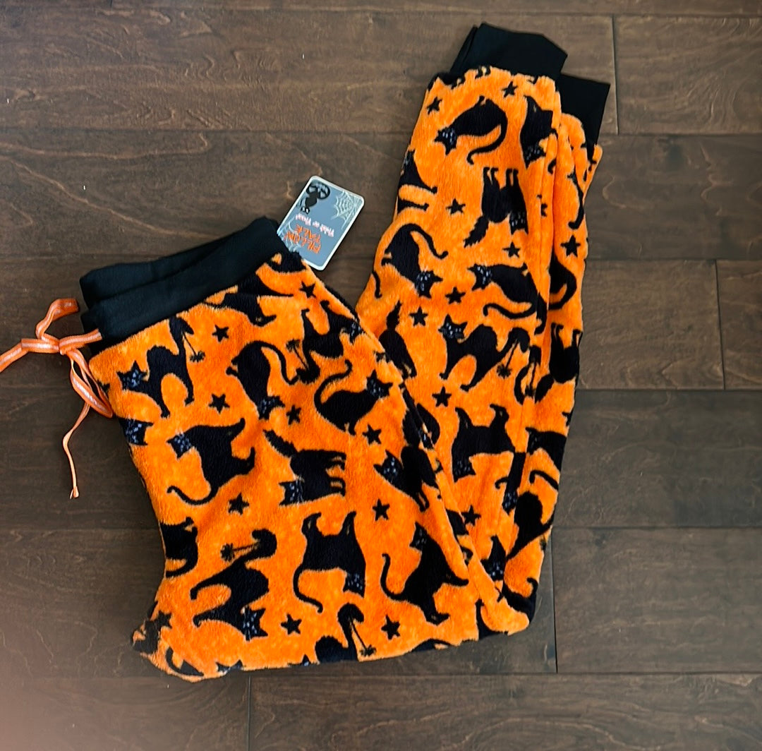 Pillow Talk womens Halloween Black Cat Print Plush Pajama Pants New Orange