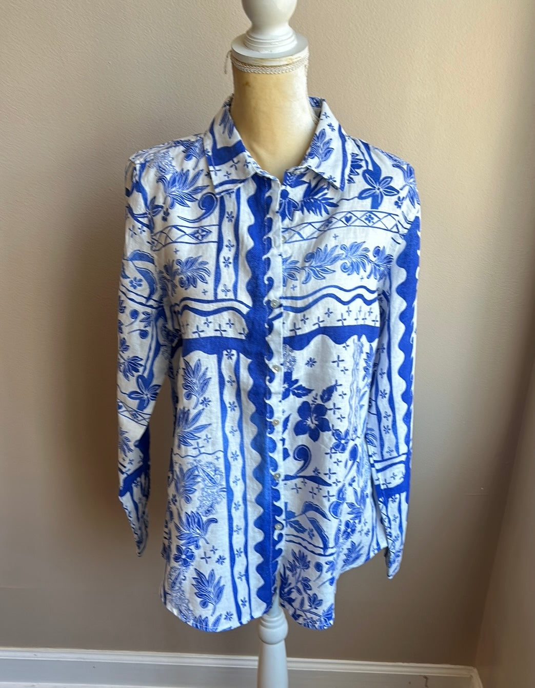 Joie Womens Linen Shirt Top Blue White Tropical New Floral