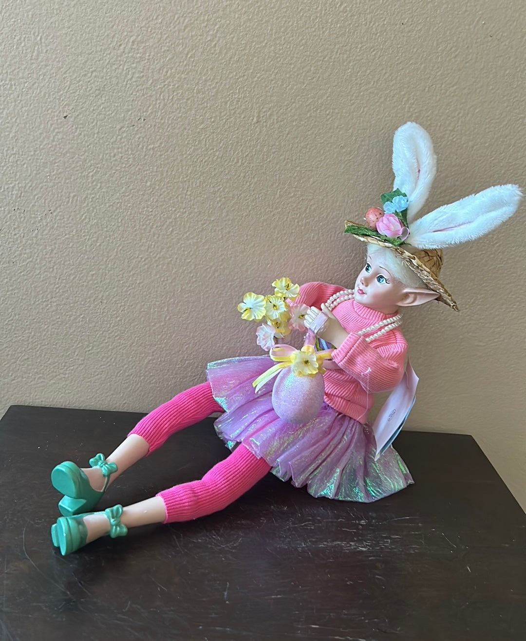 Cynthia Rowley Easter Elf Fairy Doll 16" Shelf Sitter Holding Flowers & Egg
