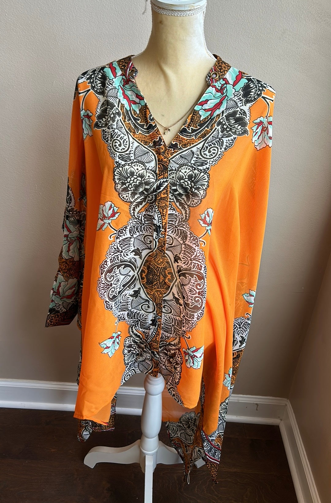 New Womens Plus Sz 1X Swim Coverup Top Caftan Style Sheer Printed Orange