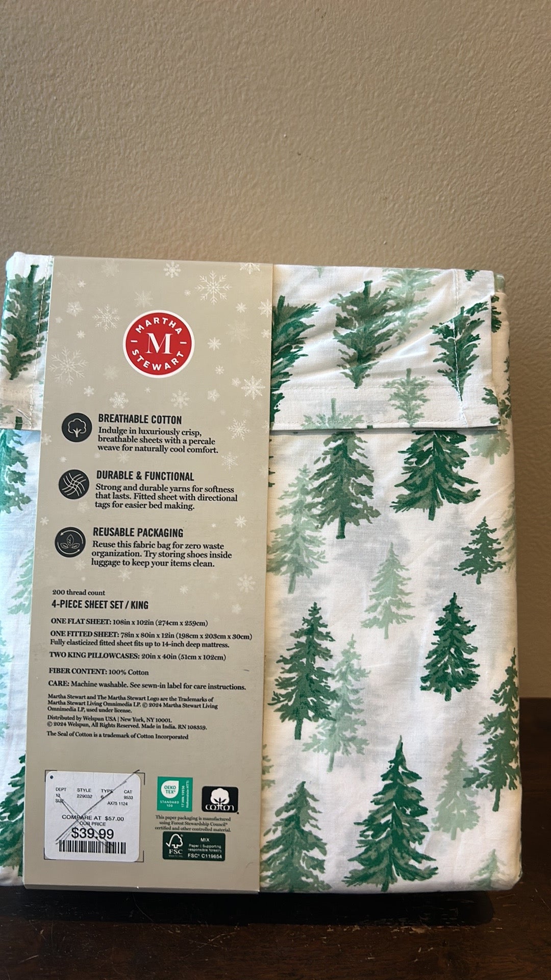 Martha Stewart Christmas Evergreen Trees King Sheet Set 4pc 200Thread Count