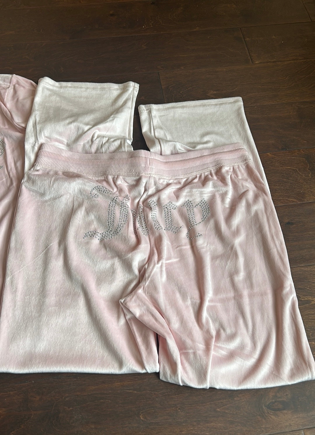 Juicy Couture Pj Set Women’s Sz XL Pink Rhinestones Logo Front & Back New Velvet