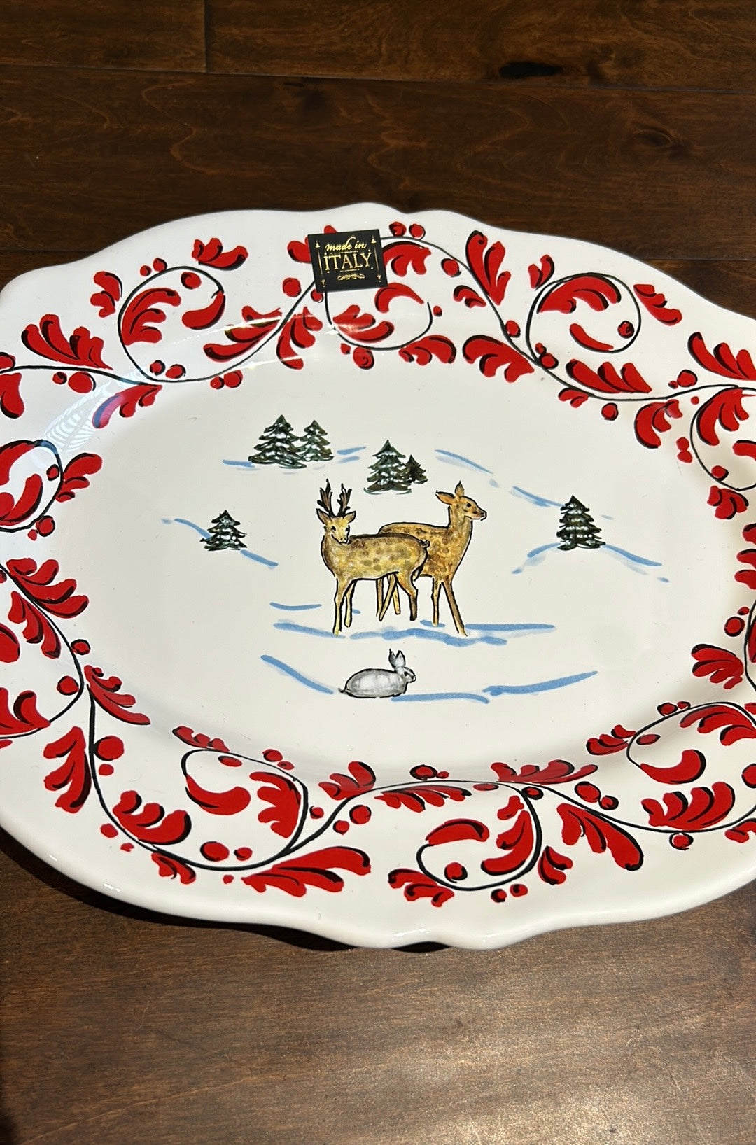 Nova Deruta Christmas Platter Oval New Reindeer Evergreen Trees Made In Italy