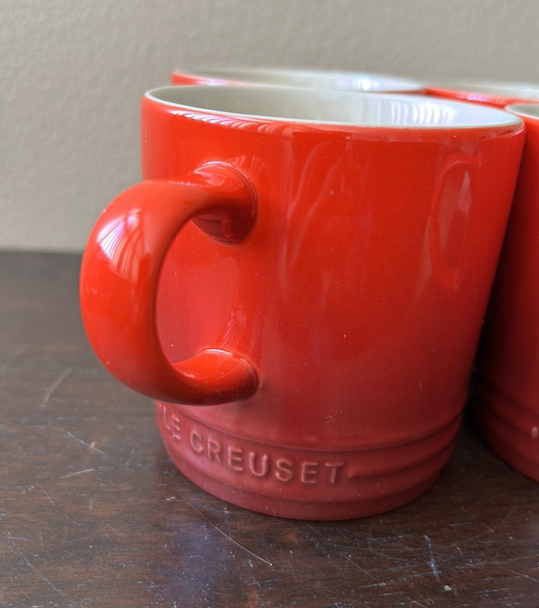 Le Creuset 12 oz Coffee Mugs Cerise Red Set of 4 New