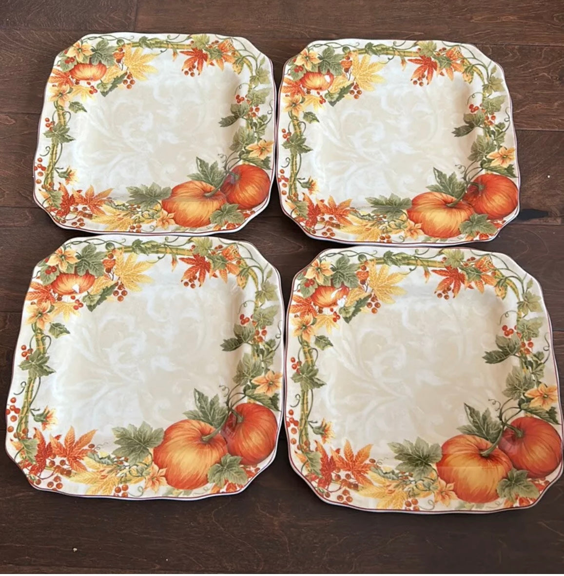 222 Fifth Fall Thanksgiving Set Of 4 Salad Plates New Pumpkin Vine