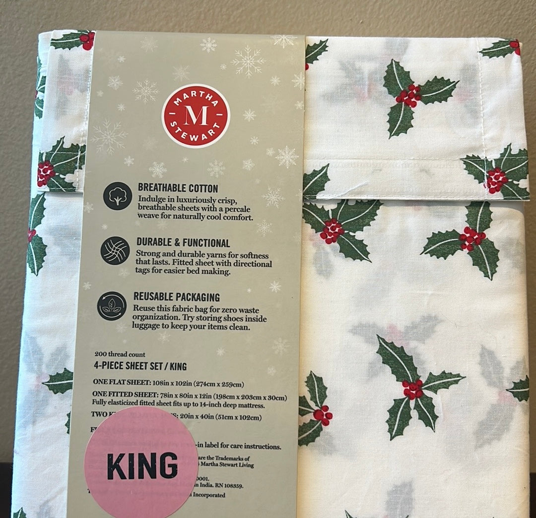 Martha Stewart King Sheet set Christmas Holly Berry New Cotton Percale
