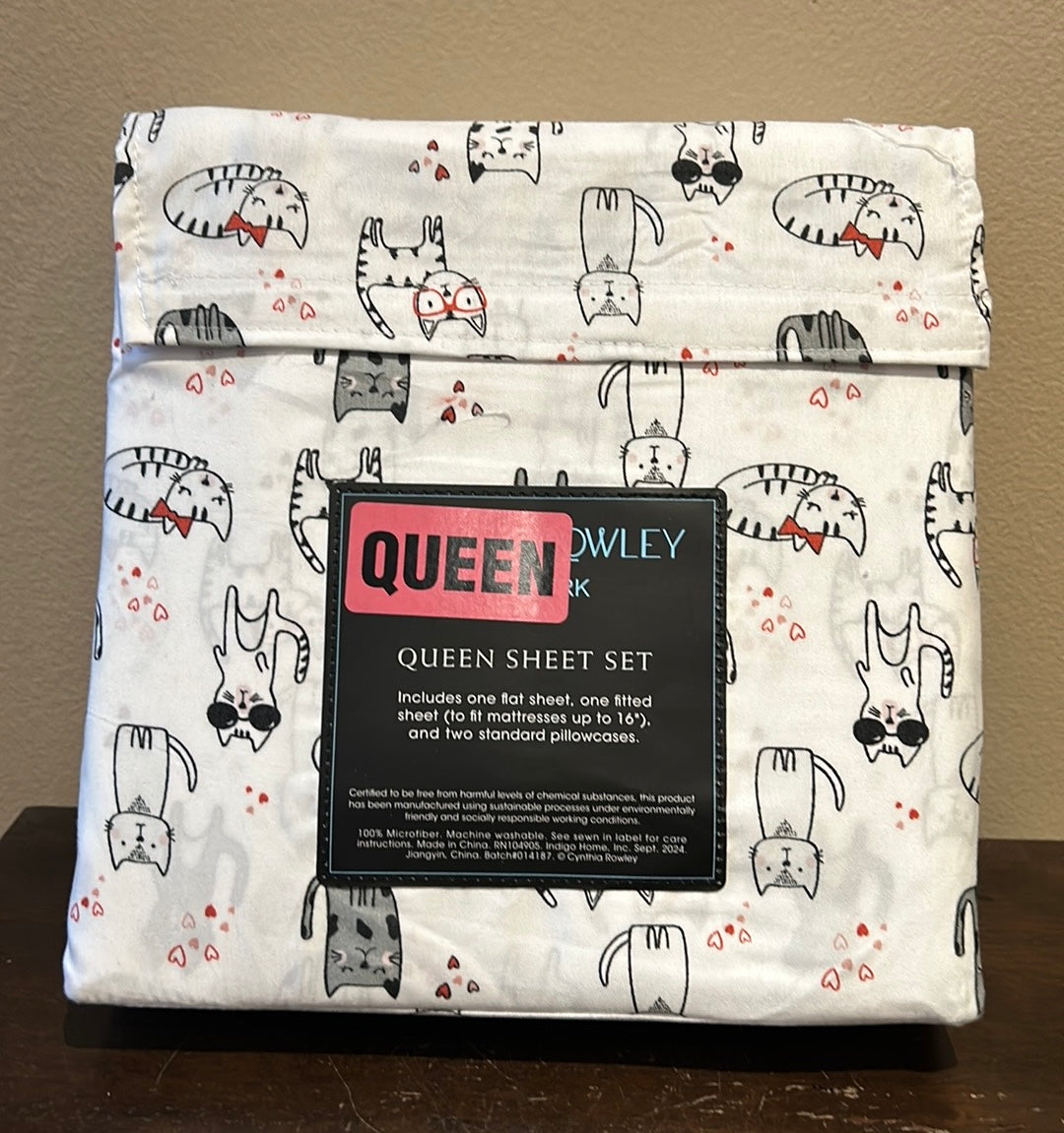 4pc Cynthia Rowley Valentine Cats QUEEN Sheet Set Kitten Red Hearts Bows
