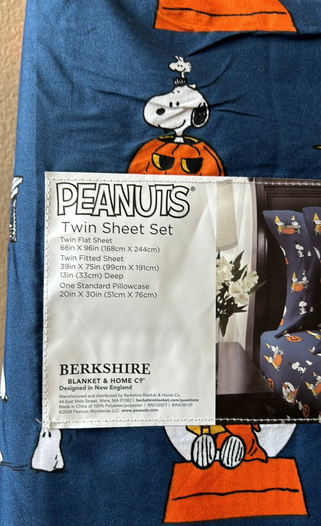 New Peanuts Snoopy Spooky Halloween Twin Sheet Set Pumpkin Navy Blue