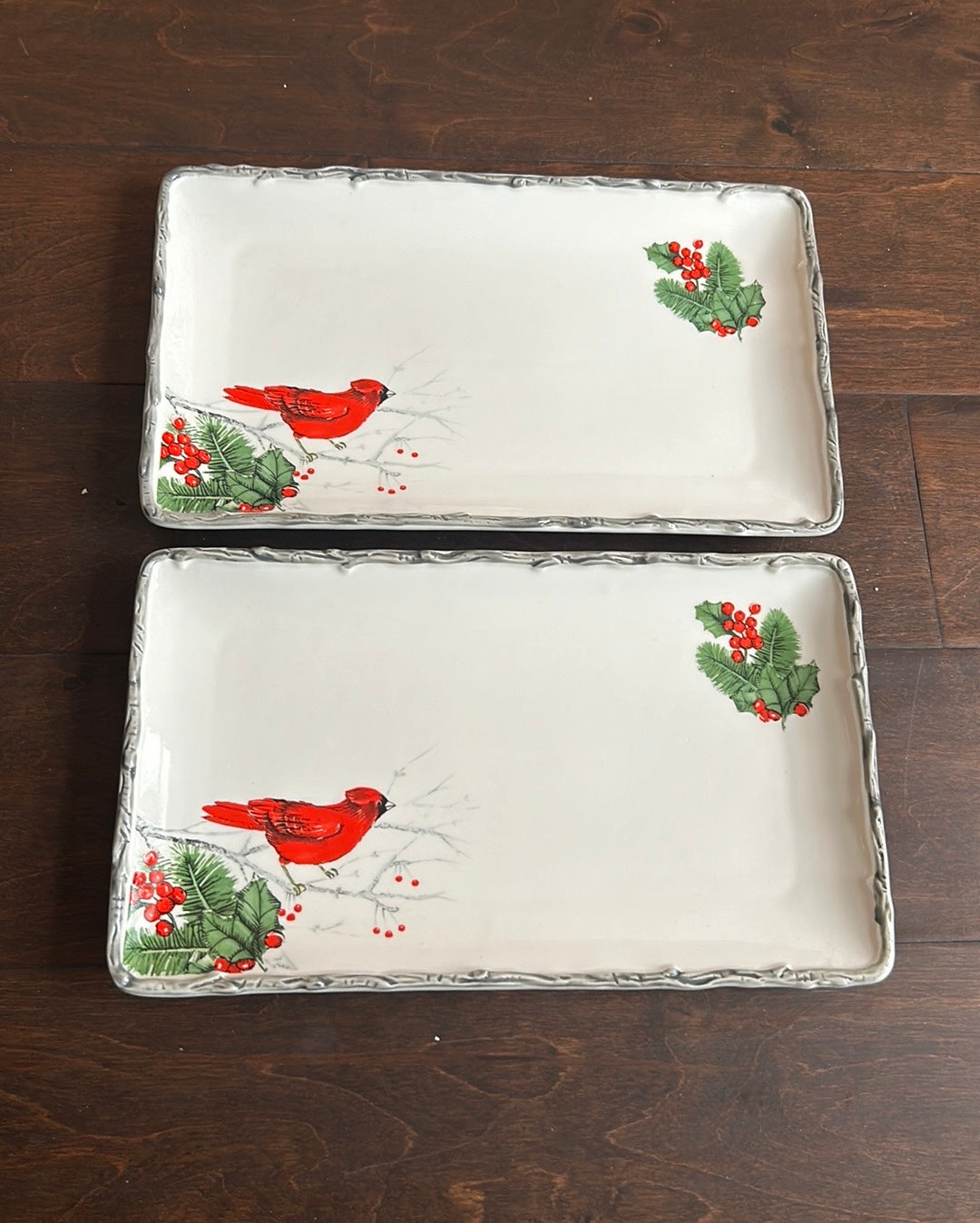 2 Global Design Connections Red Cardinal Bird Tray Platter 8"x5" Christmas NEW