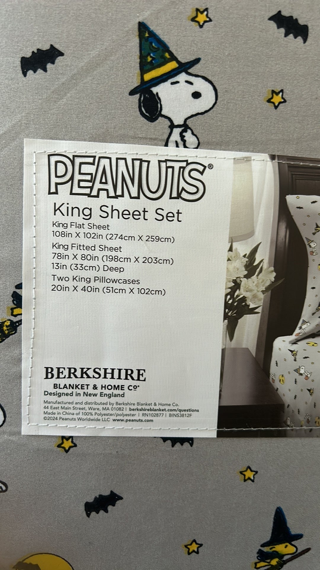 New Peanuts Snoopy Spooky Halloween King Sheet Set Pumpkin Gray Bats Moon
