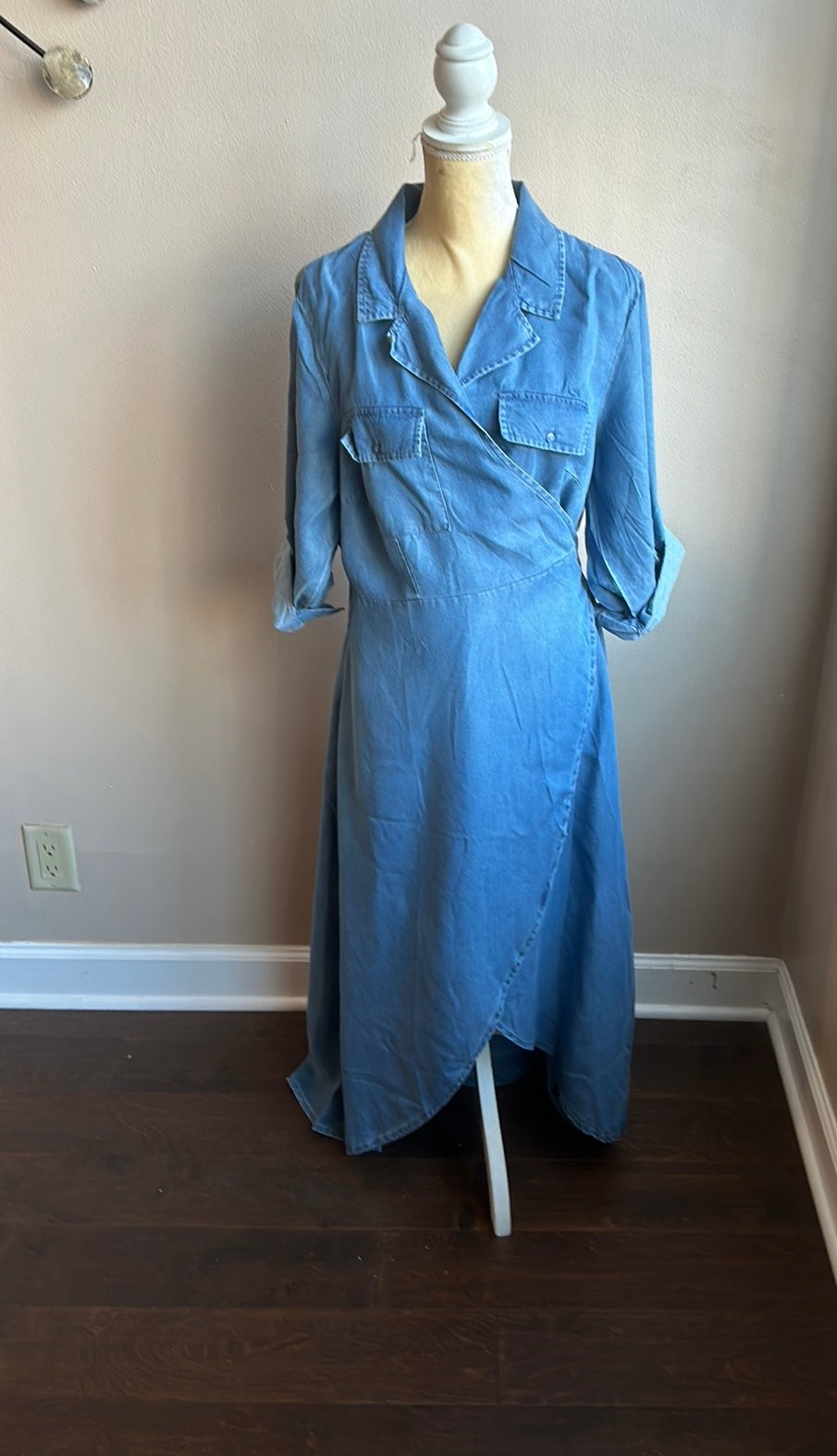New Womens Plus Sz 2X Stone Washed Wrap Maxi Denim Dress Rolled Cuff Sleeve