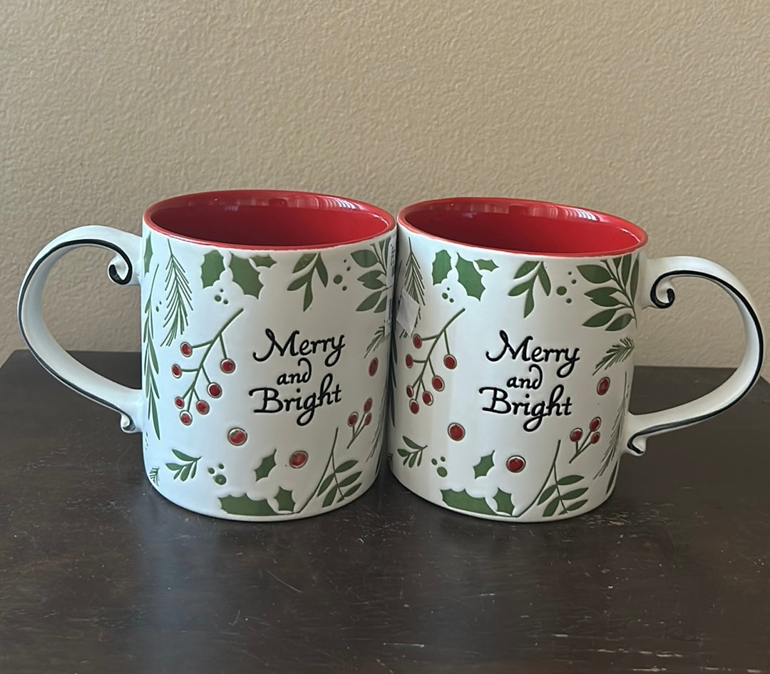 Eli & Ana Christmas Holly Berry Mugs Set of 2 New Merry & Bright