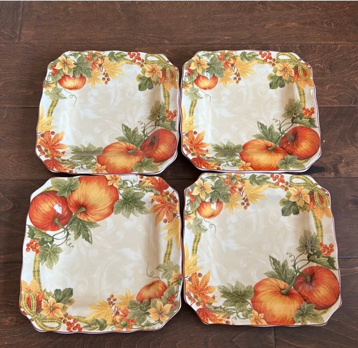 222 Fifth Fall Thanksgiving Set Of 4 Salad Plates New Pumpkin Vine