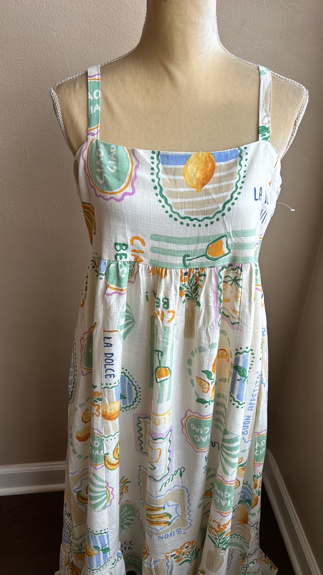 Paper Heart Womens Italian Theme Dress Linen Blend Fruits Dolce Vita New
