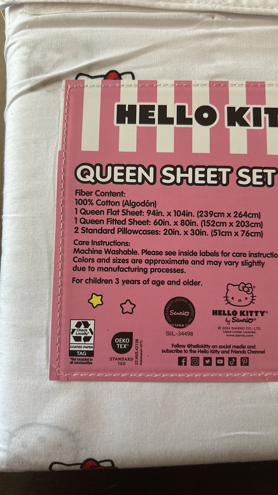 Hello Kitty Cotton Sheer Set Queen New White Red
