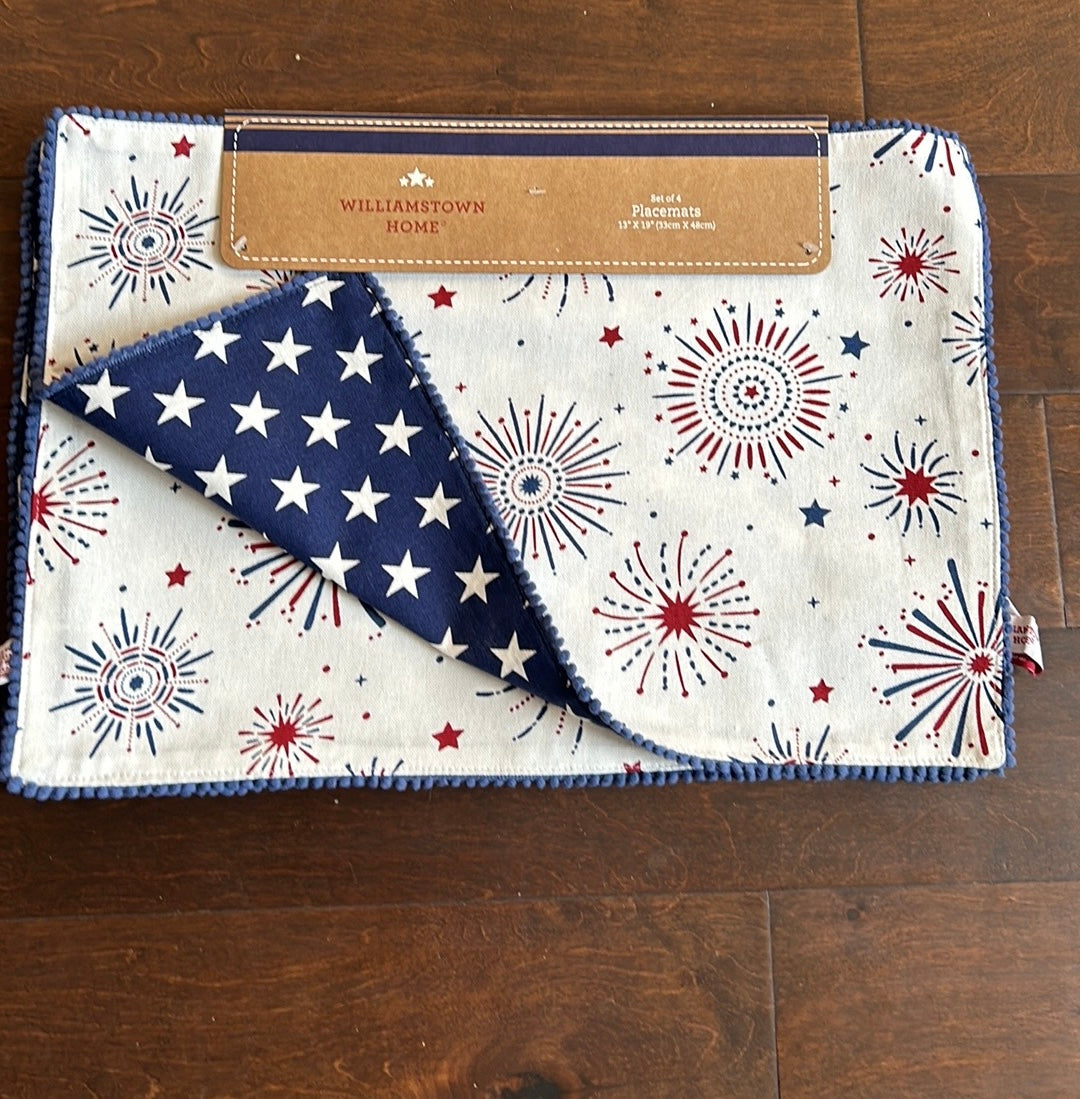 4 Williamstown Home Red White Blue Placemats Americana Fireworks Reversible