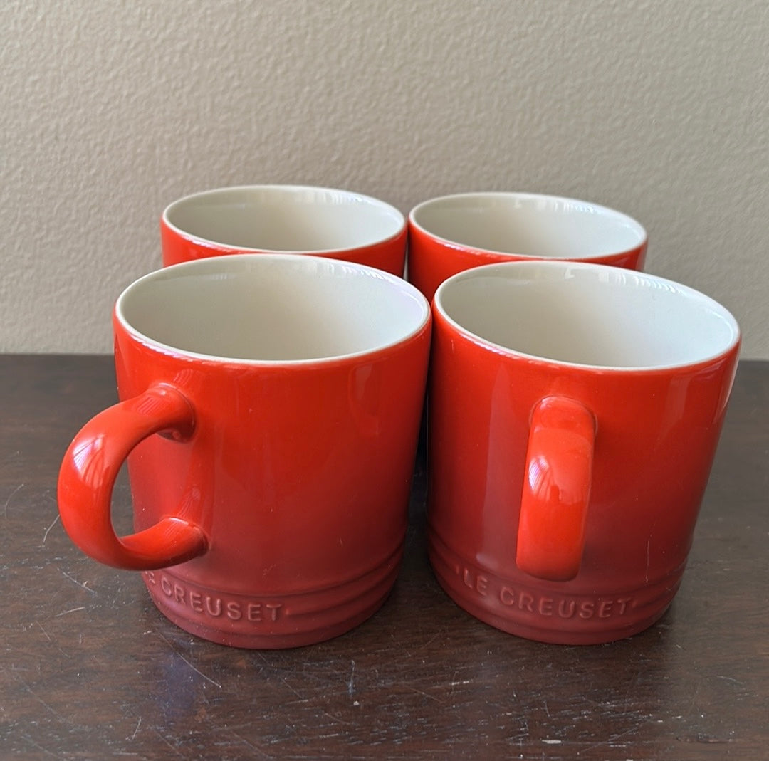Le Creuset 12 oz Coffee Mugs Cerise Red Set of 4 New