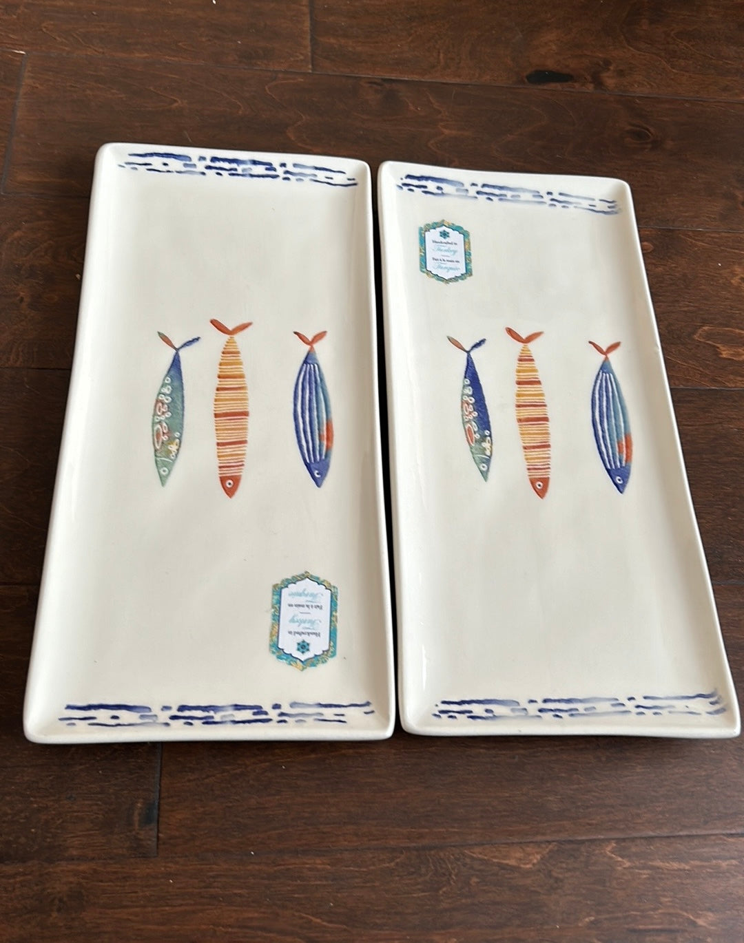 Papart Set Of 2 Ceramic Serving Platters Fish Pattern Nautical New 13.5”x6”