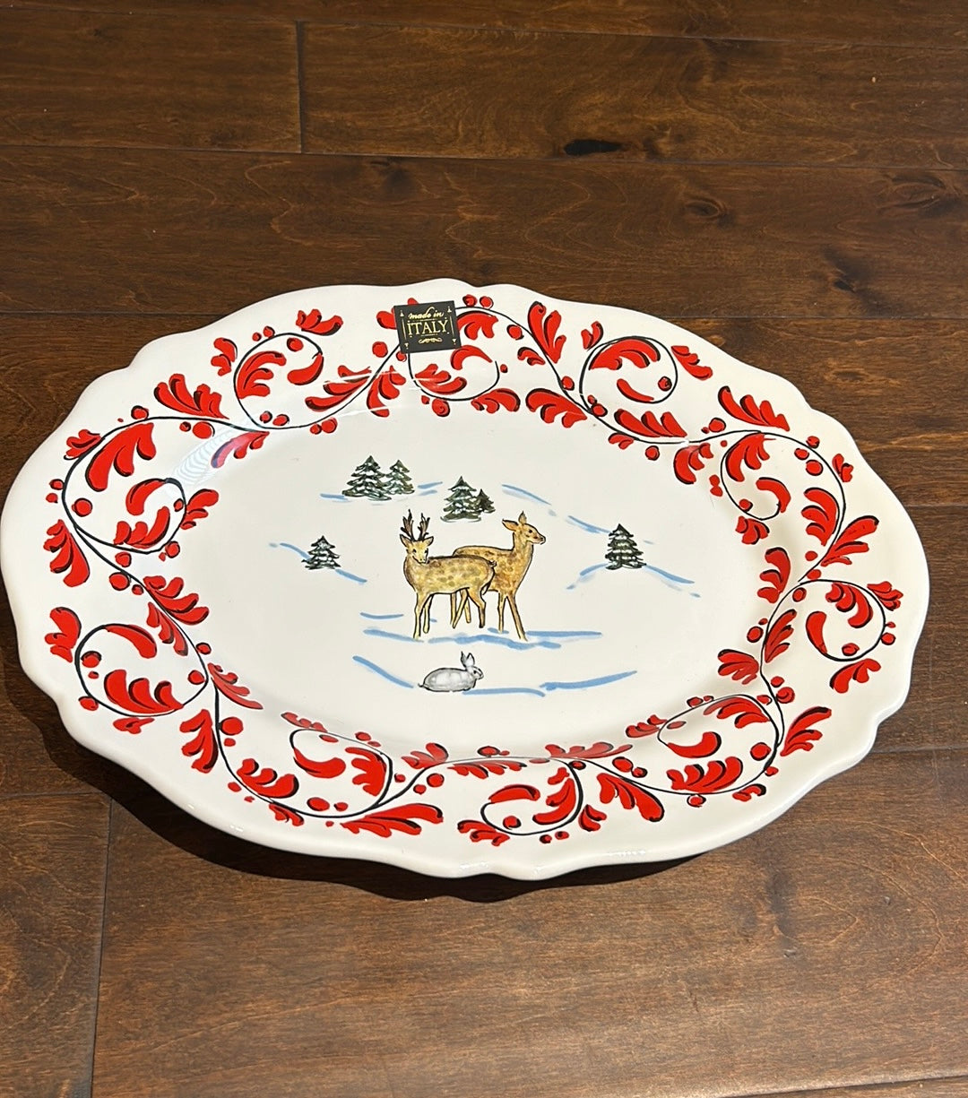 Nova Deruta Christmas Platter Oval New Reindeer Evergreen Trees Made In Italy