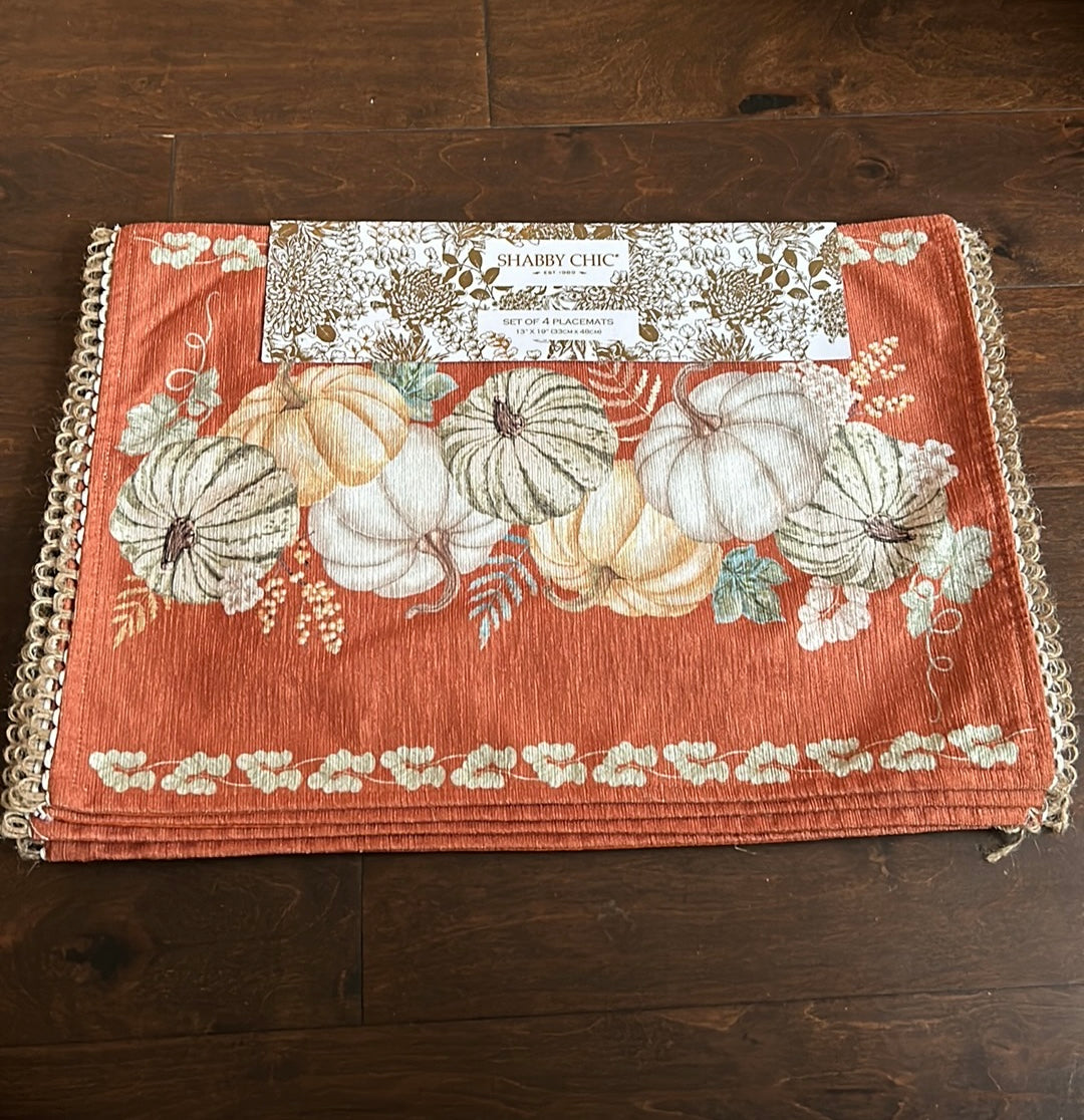 Shabby Chic Fall Floral Placemats Set Of 4 Thanksgiving Pumpkins New