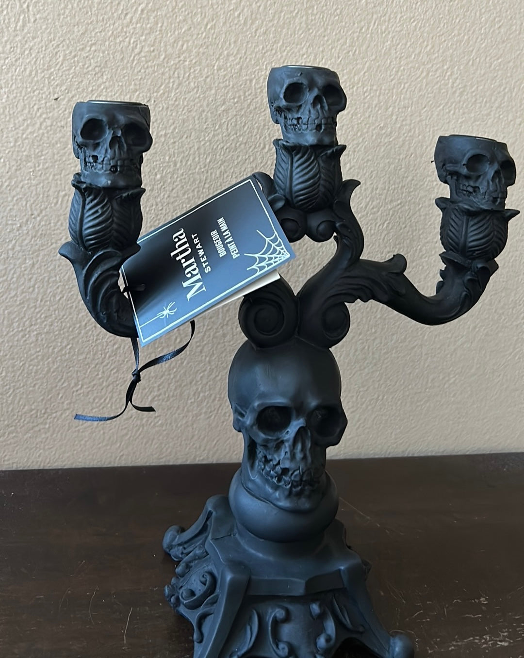 Martha Stewart Halloween Skull Candelabra Silvertone 3 Arm Taper Candle Holder