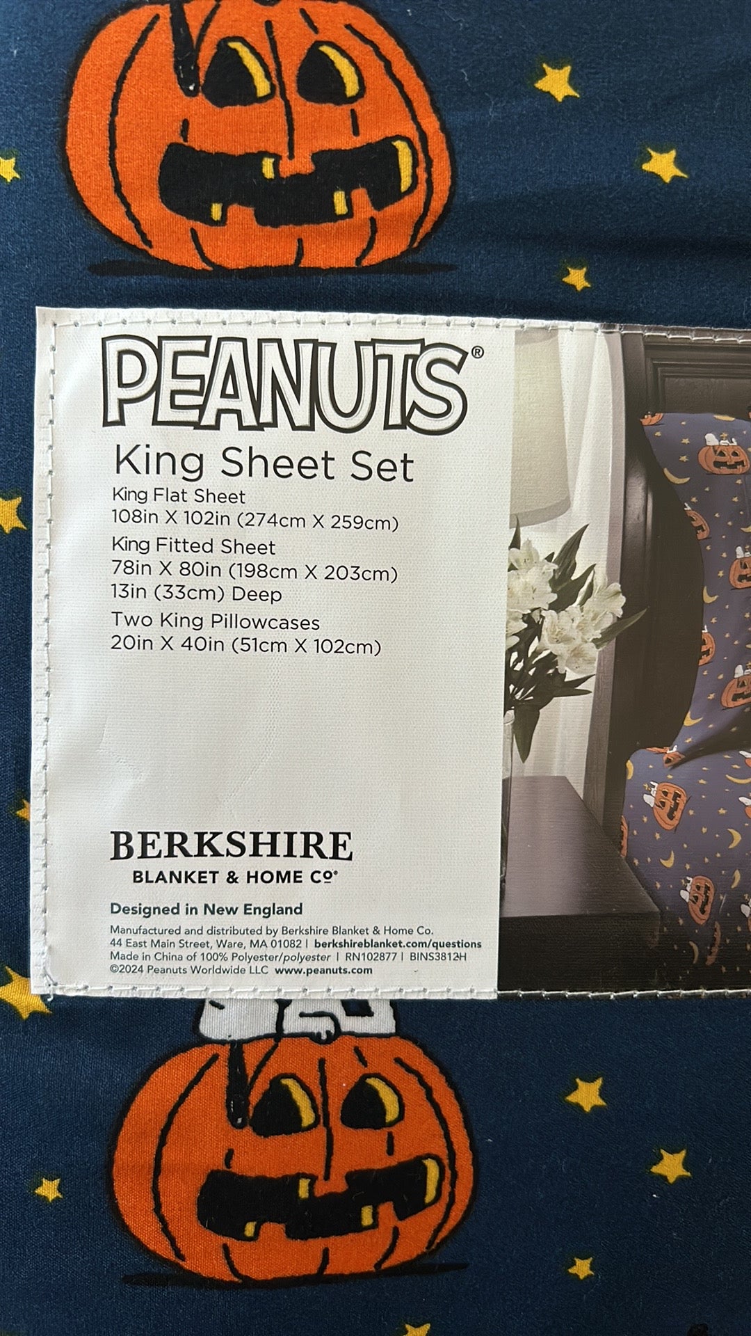 New Peanuts Snoopy Spooky Halloween King Sheet Set Pumpkin Navy Blue Starry