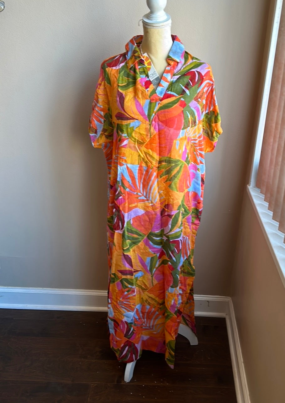 C & C California Women’s Tropical Palm Fronds Coverup Maxi Long XL Linen Blend