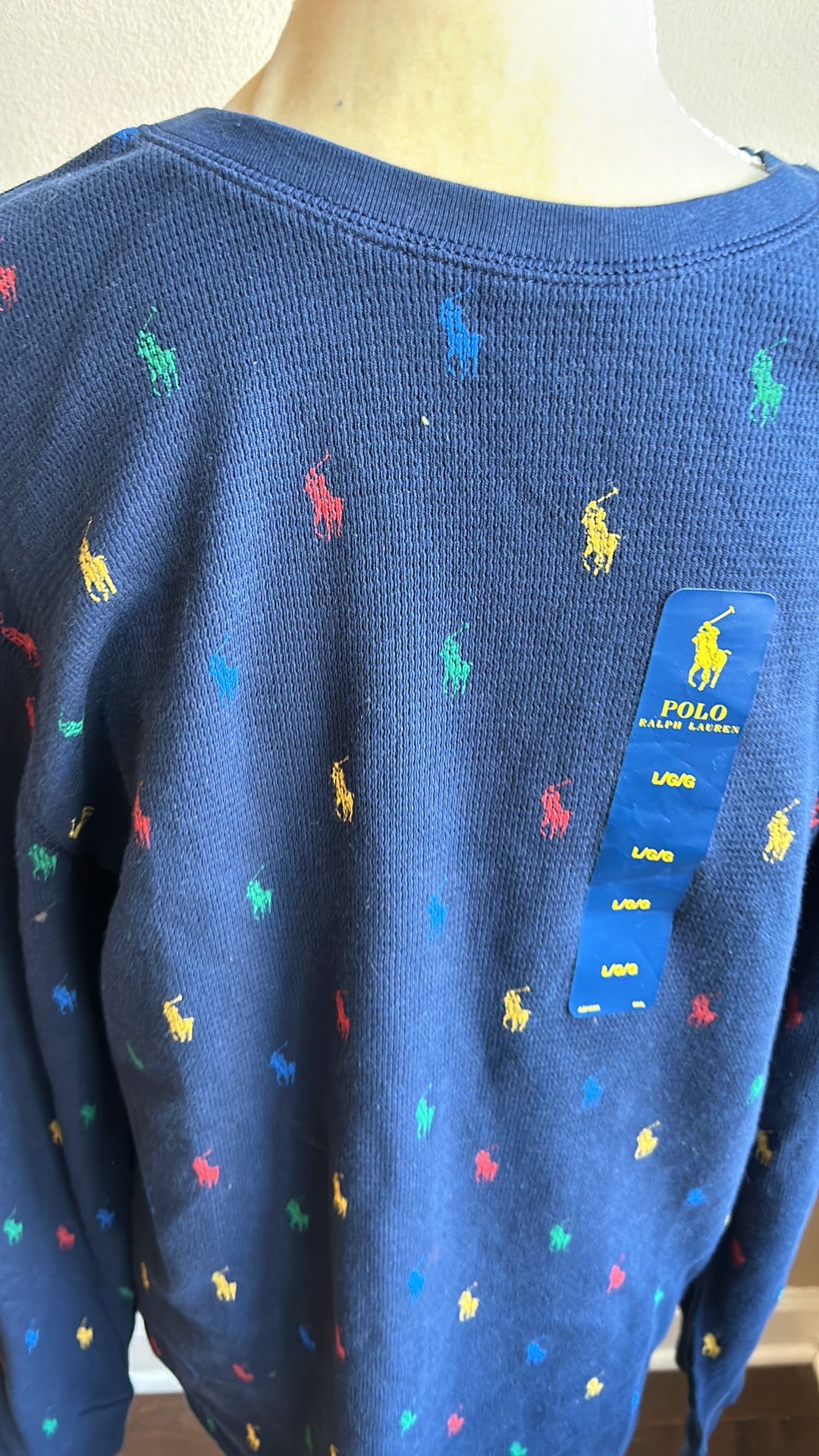 Polo Ralph Lauren Mens Waffle Knit Long Sleeve Tshirt Sz L Blue Pony Logo
