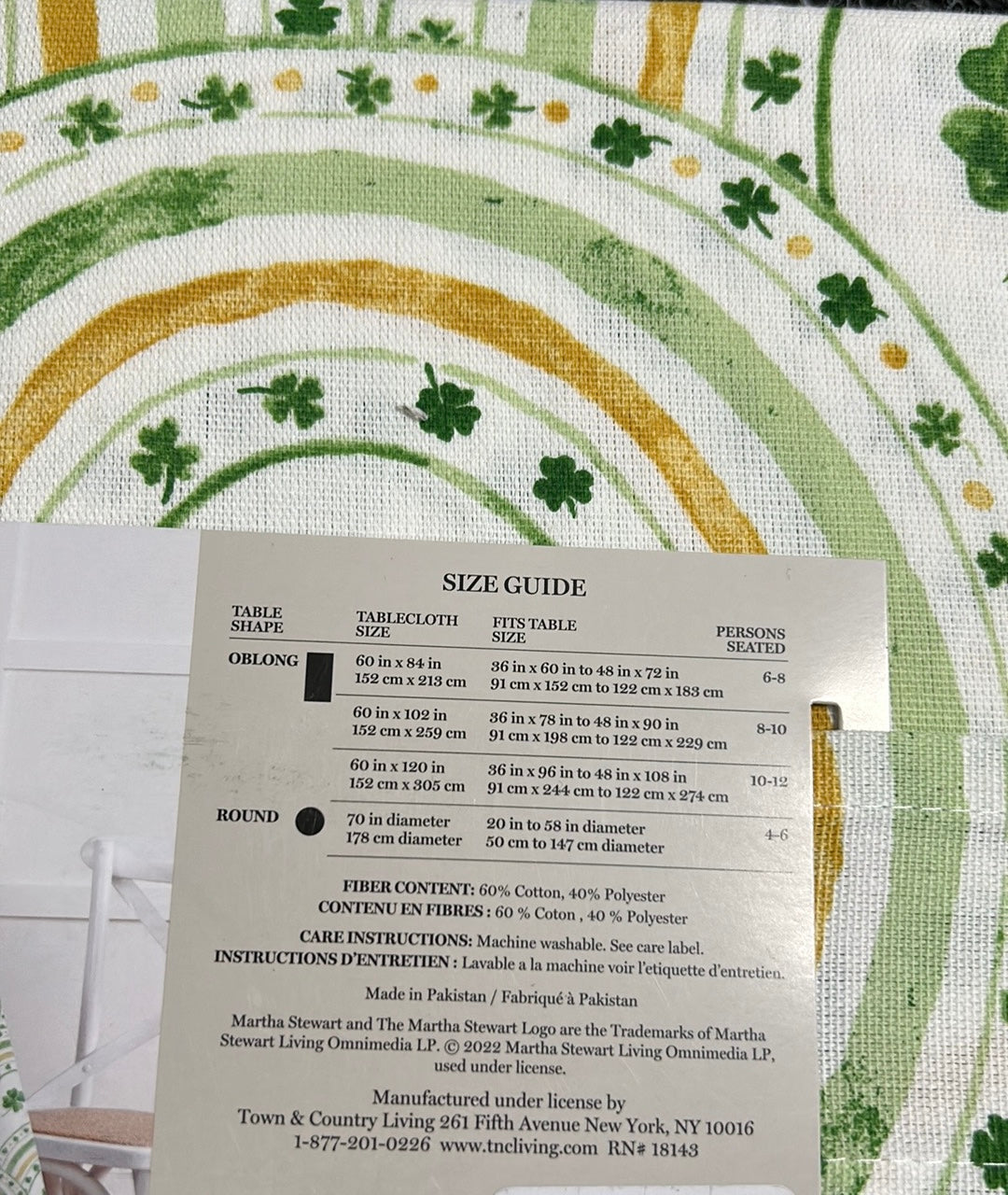 Martha Stewart St Patrick’s Day Green White Clover Tablecloth 60”x102” Rainbows